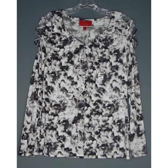 Jennifer Lopez Black Gray Print Shimmer Cold Shoulder Blouse Women Size Small - Picture 2 of 11